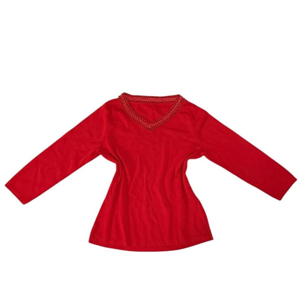 Red Braided Trim V-Neck Long Sleeve Top M/L — Y2K Retro Trendy Boho Statement Go